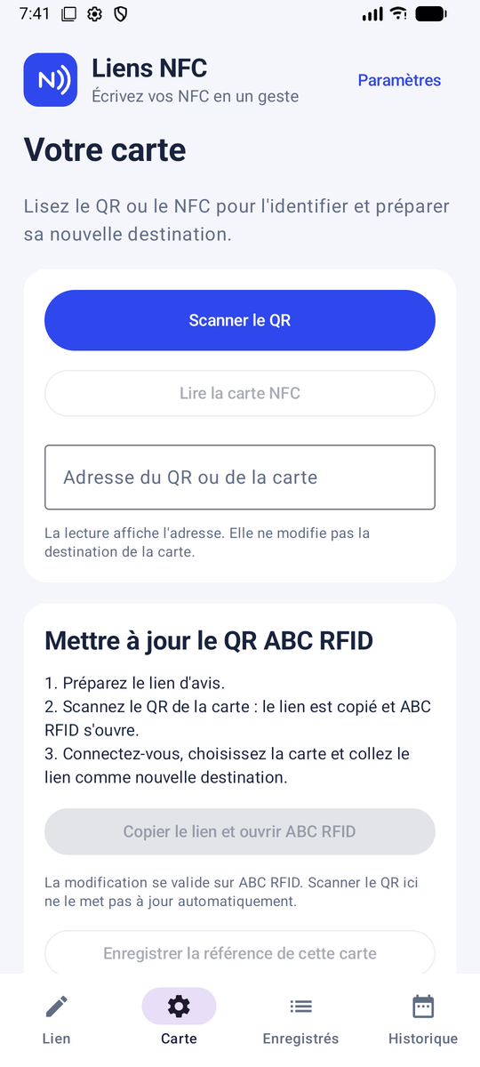 Liens NFC · Votre carte