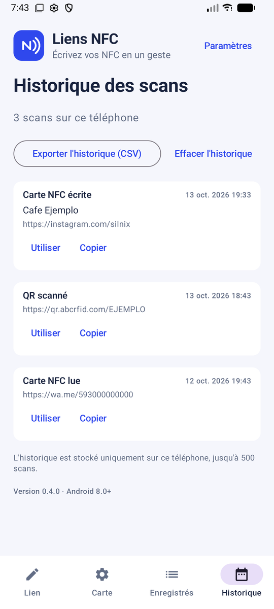 Liens NFC · Historique