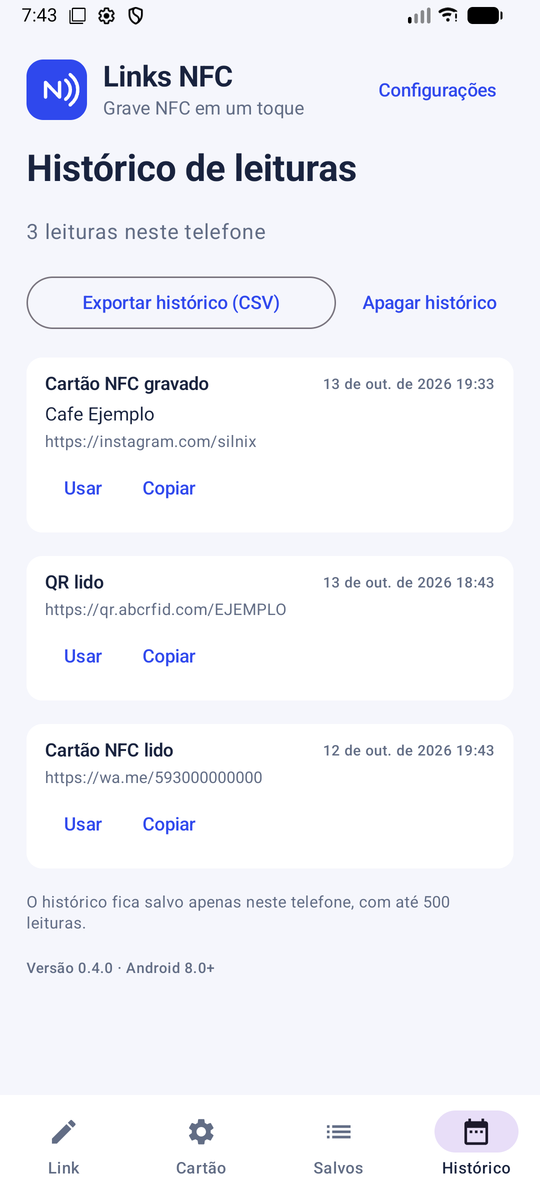 Links NFC · Histórico